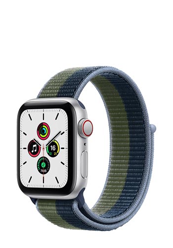 Apple Watch SE Aluminium Cellular + GPS Silver, Sport Loop Abyss Blue/Moss Green, MKQW3FD/A, 40mm
