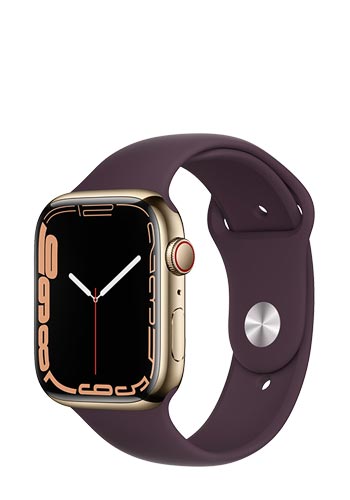 Apple Watch Series 7 Edelstahl GPS + Cellular Gold, Sportarmband Dark Cherry, MKJX3FD/A, 45mm