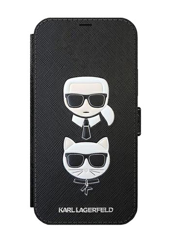 Karl Lagerfeld Karl and Choupette Head Saffiano Book Case Black, for Apple iPhone 12 mini, KLFLBKP12SSAKICKCBK