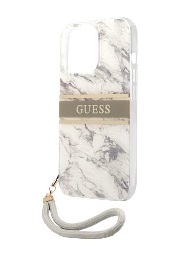 GUESS Hard Cover Marble Stripe with Strap Grey, für Apple iPhone 13 Pro, GUHCP13LKMABGR