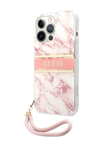 GUESS Hard Cover Marble Stripe with Strap Pink, für Apple iPhone 13 Pro, GUHCP13LKMABPI