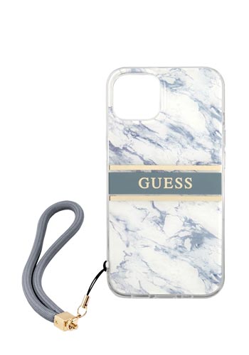 GUESS Hard Cover Marble Stripe with Strap Blue, für Apple iPhone 13, GUHCP13MKMABBL