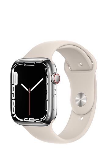 Apple Watch Series 7 Edelstahl GPS + Cellular Silver, Sportarmband Starlight, MKJV3FD/A, 45mm