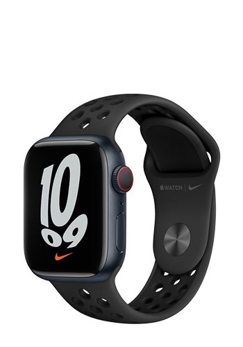 Apple Watch Series 7 Nike Aluminium GPS + Cellular Midnight, Sportarmband Anthracite/Black, MKJ43FD/A, 41mm