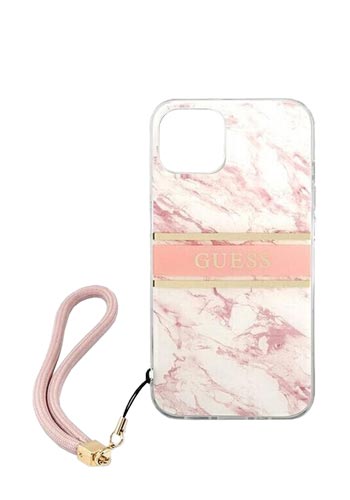 GUESS Hard Cover für Apple iPhone 13 Mini Pink, Marble Strap, GUHCP13SKMABPI