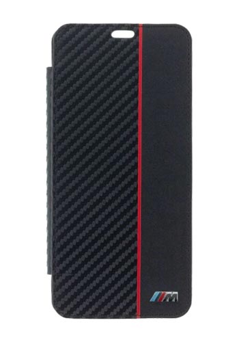 BMW Book Case Bi-Material Carbon/PU für Samsung G965 Galaxy S9 Plus Black, Red Stripe, M Collection, BMBKTRS9LCAPRBK