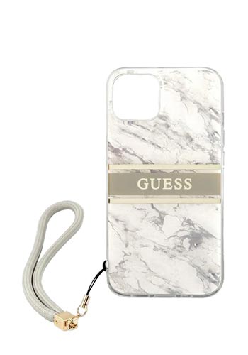GUESS Hard Cover Marble Stripe with Strap Grey, für Apple iPhone 13 Pro Max, GUHCP13XKMABGR