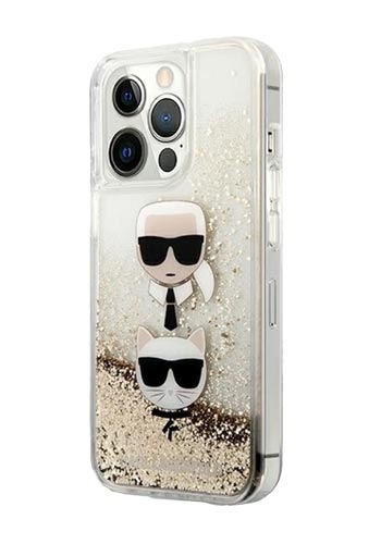 Karl Lagerfeld Hard cover Karl and Choupette Head Liquid Glitter Gold, for iPhone 13 Pro Max, KLHCP13XKICGLD
