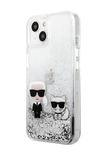 Karl Lagerfeld Hard Cover Karl and Choupette Head Liquid Glitter Silver, für iPhone 13, KLHCP13MGKCS