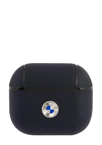 BMW Hard Cover Leather Metal Logo Silver Navy Blue,für Apple Airpods, BMA3SSLNA