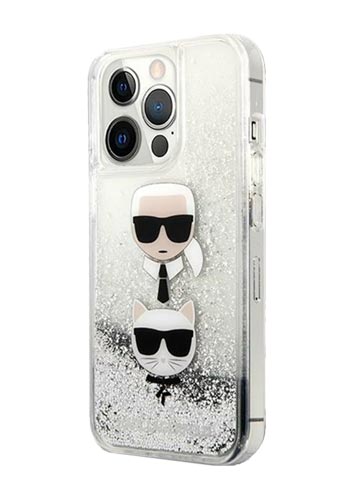 Karl Lagerfeld Hard cover Karl and Choupette Head Liquid Glitter Silver, für iPhone 13 Pro Max,KLHCP13XKICGLS