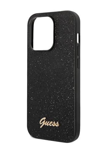 GUESS Hard Cover Glitter Flakes Metal Logo Black, für iPhone 14 Pro, GUHCP14LHGGSHK