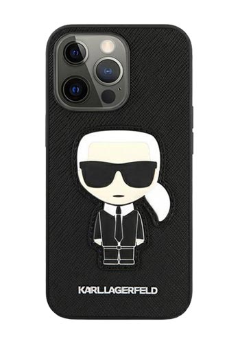 Karl Lagerfeld Hard Cover Saffiano Ikonik Karl`s Patch Black, für iPhone 13 Pro Max, KLHCP13XOKPK