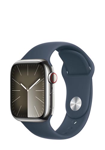 Apple Watch S9 Stainless Steel GPS + Cellular Silver, Sportband Storm Blue, M/L, MRJ33QF/A, 41mm