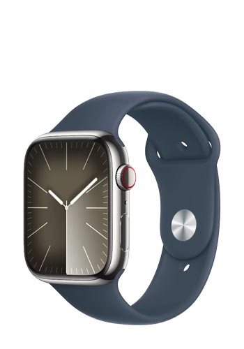 Apple Watch S9 Stainless Steel GPS + Cellular Silver, Sportband Storm Blue, S/M, MRMN3QF/A, 45mm