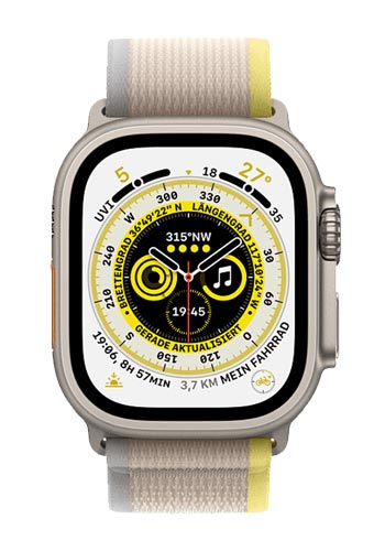 Apple Watch Ultra Titanium GPS + Cellular Titanium, Trail Loop Yellow/Beige M/L, MQFU3FD/A, 49mm