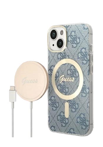 GUESS Hard Case 4G Print MagSafe Cover + Charger Blue/Gold, für iPhone 14 Plus, GUBPP14MH4EACSB