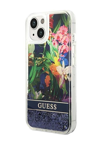 GUESS Hard Cover Flower Liquid Glitter Blue, für iPhone 14 Plus, GUHCP14MLFLSB