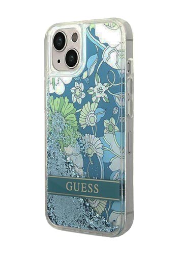 GUESS Hard Cover Flower Liquid Glitter Green, für iPhone 14, GUHCP14SLFLSN