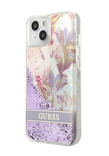 GUESS Hard Cover Flower Liquid Glitter Purple, für iPhone 13 Mini, GUHCP13SLFLSU