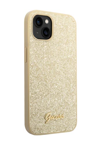 GUESS Hard Cover Glitter Flakes Metal Logo Gold, für iPhone 14, GUHCP14SHGGSHD