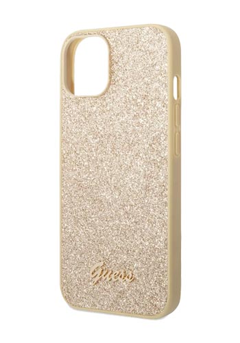 GUESS Hard Cover Glitter Flakes Metal Logo Gold, für iPhone 14 Plus, GUHCP14MHGGSHD