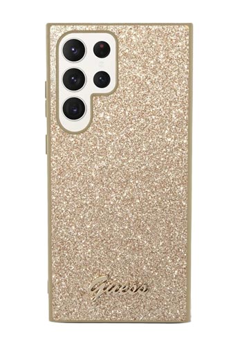 GUESS Hard Cover Glitter Flakes Metal Logo Gold, für Samsung S918 Galaxy S23 Ultra, GUHCS23LHGGSHD