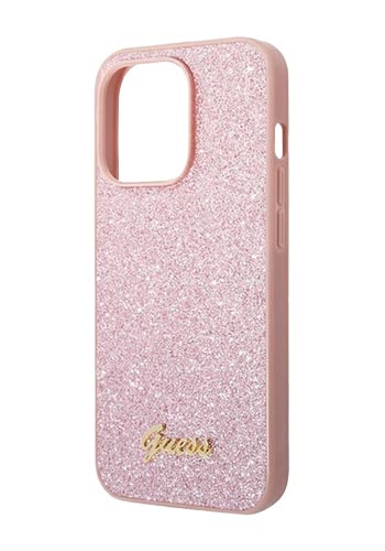 GUESS Hard Cover Glitter Flakes Metal Logo Pink, für iPhone 14 Pro Max, GUHCP14XHGGSHP