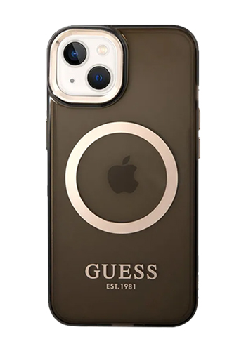 GUESS Hard Cover Gold Outline Translucent MagSafe Black, für Apple iPhone 14, GUHMP14SHTCMK