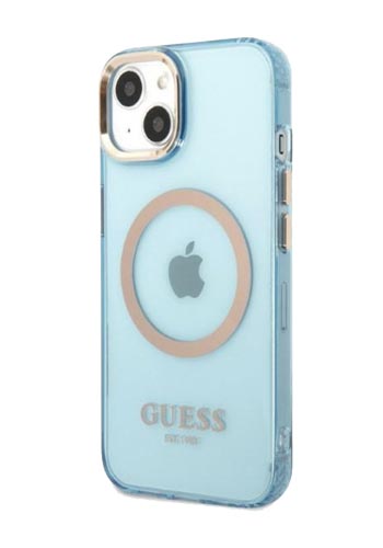 GUESS Hard Cover Gold Outline Translucent MagSafe Blue, für Apple iPhone 13, GUHMP13MHTCMB