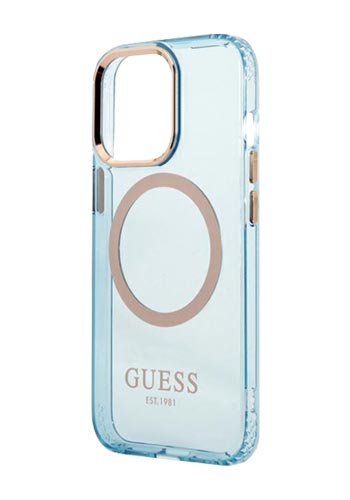 GUESS Hard Cover Gold Outline Translucent MagSafe Blue, für Apple iPhone 13 Pro, GUHMP13LHTCMB