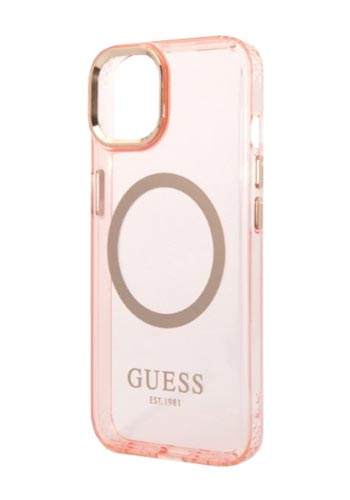 GUESS Hard Cover Gold Outline Translucent MagSafe Pink, für Apple iPhone 14, GUHMP14SHTCMP