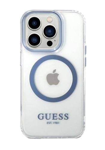 GUESS Hard Cover Metal Outline Magsafe Blue, für iPhone 14 Pro, GUHMP14LHTRMB
