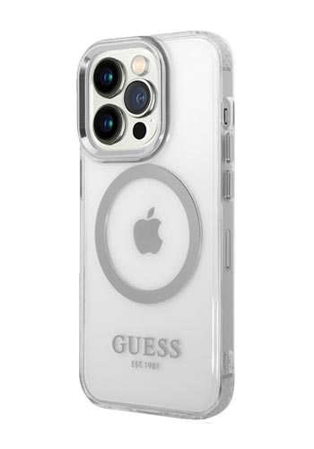 GUESS Hard Cover Metal Outline Magsafe Silver, für iPhone 14 Pro, GUHMP14LHTRMS