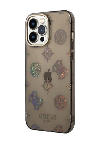 GUESS Hard Cover Peony Glitter Transparent Black, für iPhone 14 Pro Max, GUHCP14XHTPPTK
