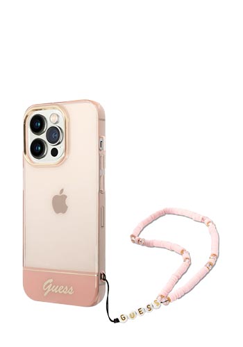 GUESS Hard Cover Translucent Pearl Strap Transparent Pink, für iPhone 14 Pro, GUHCP14LHGCOHP