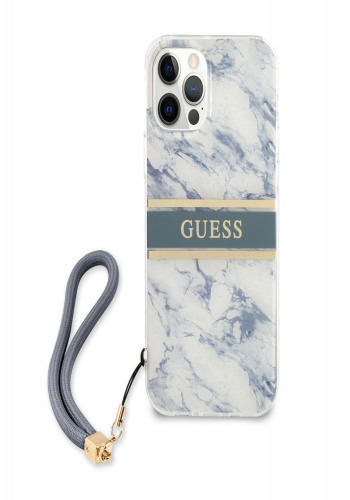 GUESS Hard Cover Marble Stripe with Strap Blue, für iPhone 12/12 Pro, GUHCP12MKMABBL