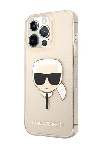 Karl Lagerfeld Hard Cover Karl Head Full Glitter Gold, für iPhone 13 Pro Max, KLHCP13XKHTUGLGO