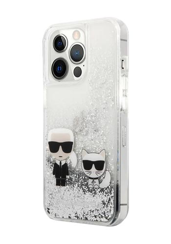 Karl Lagerfeld Hard Cover Liquid Glitter Karl & Choupette Silver, für iPhone 13 Pro, KLHCP13LGKCS